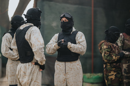 Tactical team in camouflage suits and protective vests prepares for a paintball game