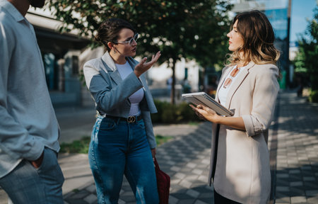 Business professionals discuss strategy outdoors on a sunny city day, exchanging ideas and notes today.の写真素材