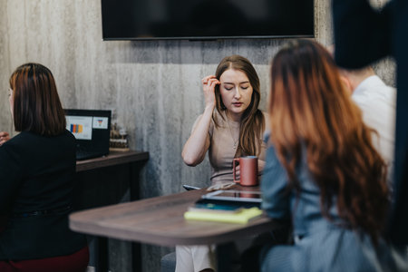 Business meeting in modern office: woman concentrates at table with colleagues and laptop