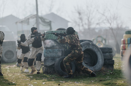 Paintball battle scene with camouflaged players taking cover behind tire barricades during an outdoor gameの写真素材