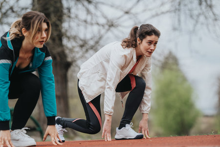 Two women in athletic wear crouch at the starting line on track, ready for a sprint workout