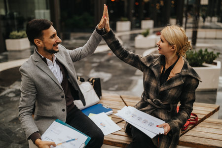 Business partners celebrate success with a high five during an outdoor meeting with documents
