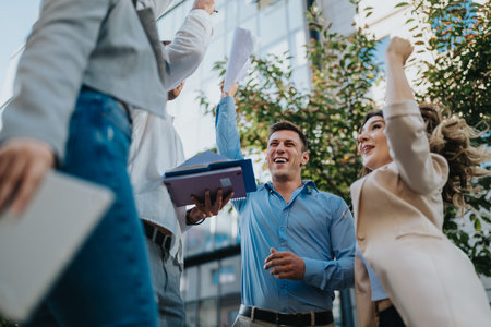 Business colleagues celebrate outdoors on a sunny spring day, raising papers and cheering a successful projectの写真素材