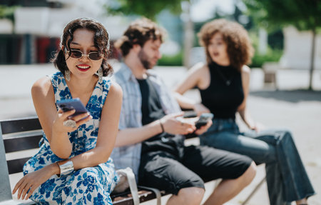 Three friends on a park bench outdoors use smart phones on a sunny day together