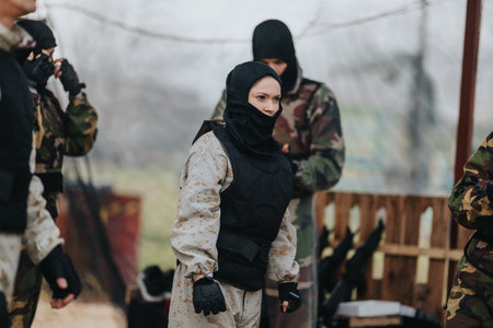 Female paintball player in protective gear stands ready during outdoor game