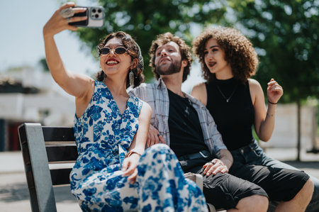 Three friends take a bright selfie on a park bench during a sunny summer day