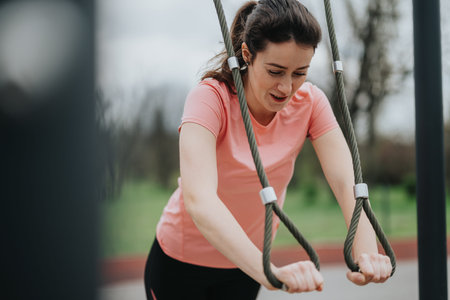 Woman in peach top exercises on outdoor rope obstacle course at park fitness area