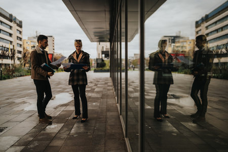 Two professionals discuss documents outside a glass-fronted building on a cloudy day