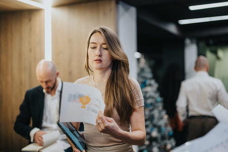 Professional woman reads a document in a modern office with colleagues nearby