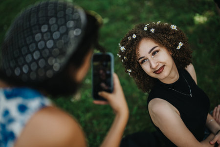 Friends capture a joyful portrait outdoors as one woman photographs the other wearing a flower crown