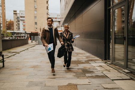 Two professionals walk through the city street, carrying documents and a briefcase, in smart-casual attireの写真素材