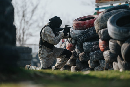 Paintball player in camo gear taking cover behind tire barriers during game
