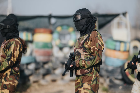 Paintball players in camouflage with masks holding rifles on an outdoor field