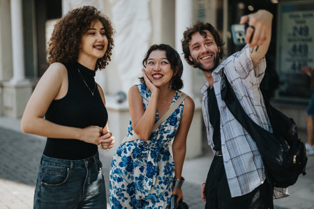 Group of friends taking a selfie on a sunny city street, smiling and enjoying a day out