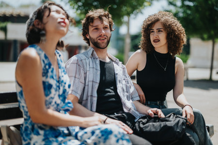 Three friends sit on a sunny park bench, chatting and relaxing outdoors