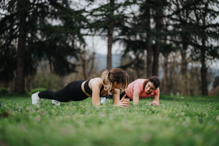 Two women exercise outdoors doing planks in a park, focusing on fitness and teamwork