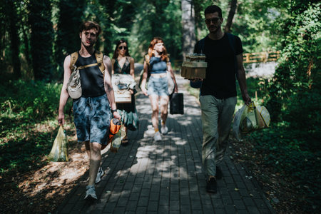 Group of friends on a forest path carrying groceries and backpacks during a sunny outdoor hikeの写真素材