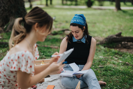 Two women study together in a park, sitting on a blanket with notebooks and papersの写真素材