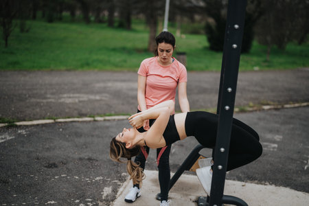 Woman assists another performing back bend on outdoor gym, showcasing fitness training and teamwork