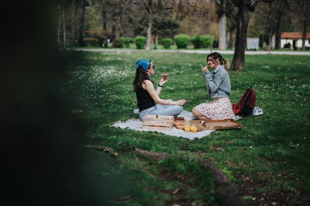 Two friends enjoy a sunny outdoor picnic in the park with snacks and smiles togetherの写真素材