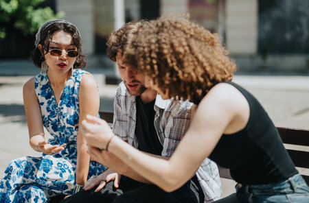 Three friends chat on a sunny park bench, sharing ideas and laughs in casual summer style