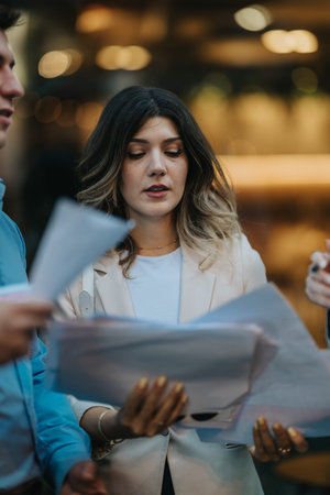 Professional woman and colleagues review documents during a business discussion in an urban setting...