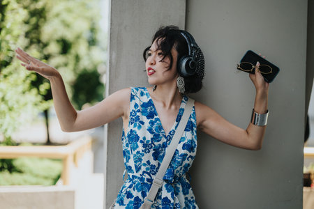 Woman in blue floral dress with headphones gestures while leaning on a pillar outdoors