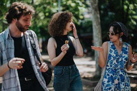 Friends enjoying a sunny park chat with snacks wearing casual outfits and stylish sunglasses today