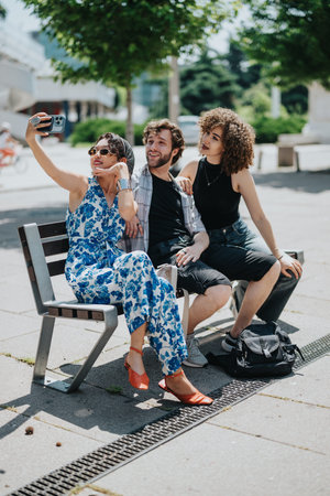 Three friends take a sunny selfie on a park bench in an urban plaza