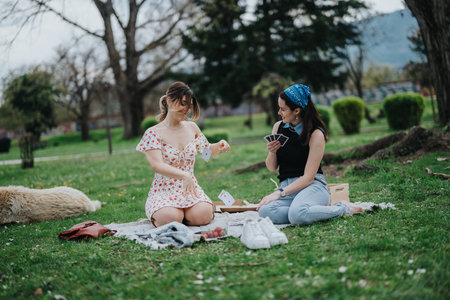 Two friends enjoy a casual park picnic playing cards with a dog nearby