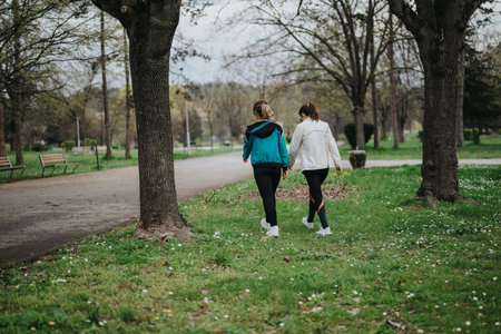 Two women walk together in a park, holding hands, enjoying a casual outdoor stroll
