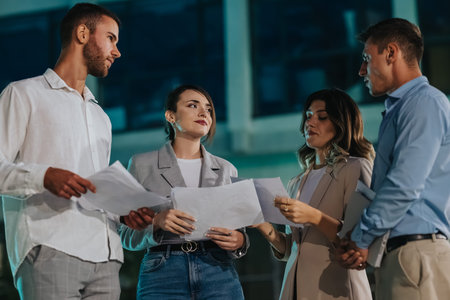 Four professionals review papers and discuss a project in a modern office setting