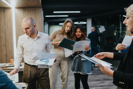 Team of professionals reviewing documents and charts in a modern office corridor