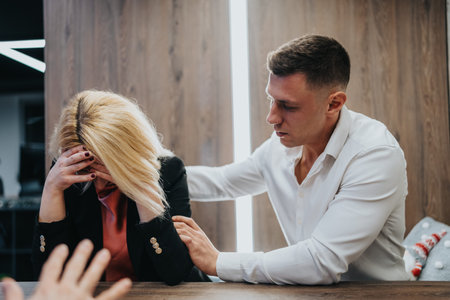 Supportive man comforts stressed woman at table in modern office setting during a tense moment