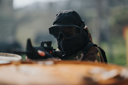 Paintball sniper in camouflage mask aiming through a gun at a target