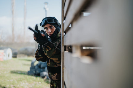 Paintball player in camouflage aiming a marker from behind a wooden barrier during a match