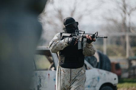 Camouflage soldier in tactical gear aiming a rifle during outdoor paintball game