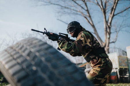 Soldier in camouflage crouches behind a tire barrier with a rifle during a training exercise