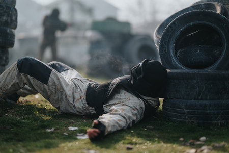 Paintball player lying behind tire barrier during intense outdoor field game with teammates in...