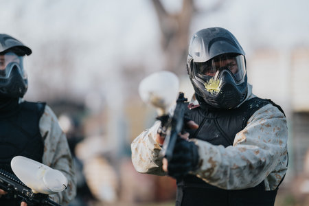 Tactical operator in protective mask aiming rifle during outdoor training exercise