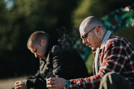 Two friends sit outdoors enjoying coffee together on a sunny day