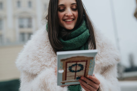Happy girl in a white fur coat and green scarf reading a festive card outdoors