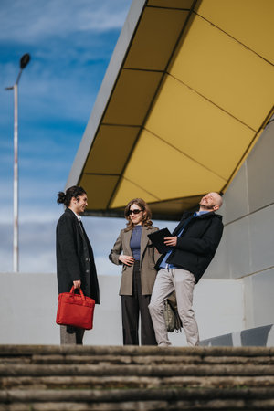 Multicultural business colleagues laughing and talking during an outdoor meeting by modern...