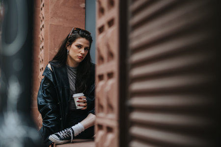 Young girl in leather jacket holding coffee cup sitting against urban wall, pensive street portrait