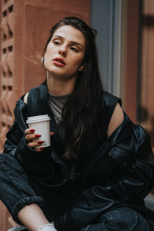 Young woman in leather jacket holding coffee and cigarette sitting outdoors with pensive expression