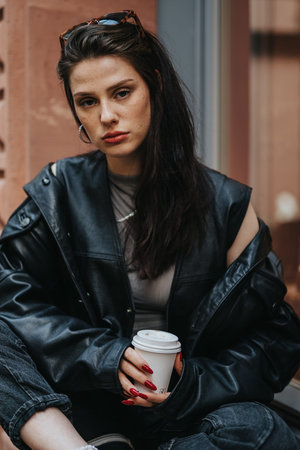 Young woman in black leather jacket holding a coffee cup in a moody urban portrait sitting outdoors