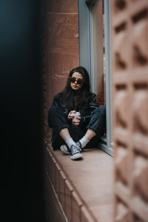 Young woman sitting on a windowsill holding a coffee cup in moody urban outfit