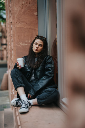 Pensive young woman in leather jacket sitting on urban windowsill drinking coffee with takeaway cup