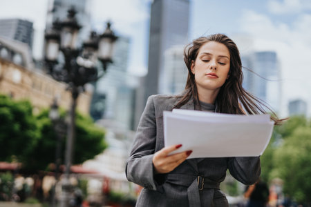 Businesswoman reading documents outdoors in front of an urban skyline during a city workday