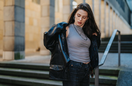 Young woman in leather jacket posing on urban steps for casual street fashion portrait